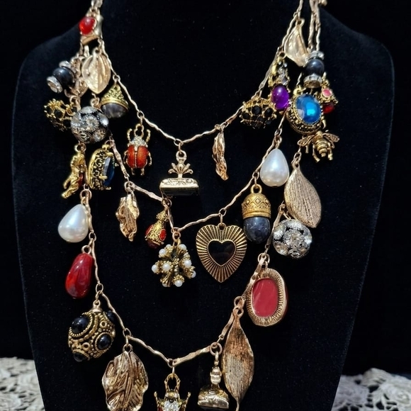 Zara Inspired Bohemian Multi-Charm Gold Necklace with Red & Black Accents - Picture 2 of 2